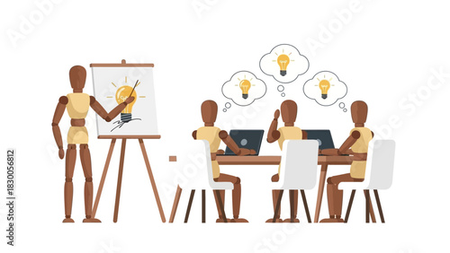 Brainstorming session with wooden mannequins sharing innovative ideas in a flat design concept