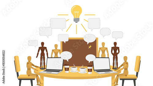 Creative teamwork collaboration with mannequin figures in office setting