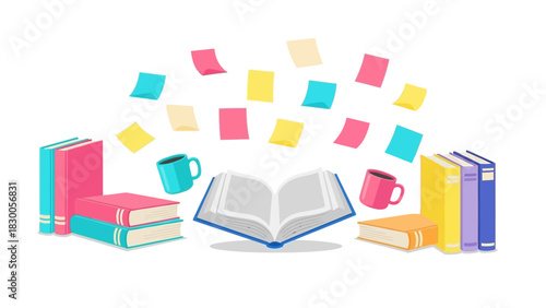 Colorful workspace with open book, coffee mugs, and sticky notes