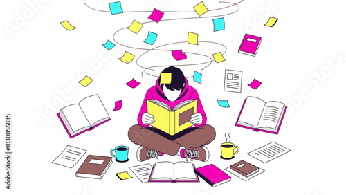 Colorful study space with floating books and notes in a modern flat design