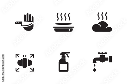 Collection of six black and white hygiene and cleaning icons