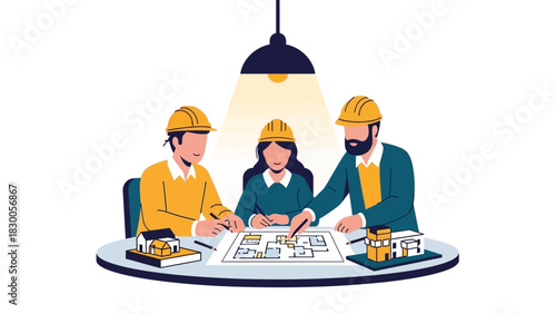 Architects collaborating on building plans under warm light