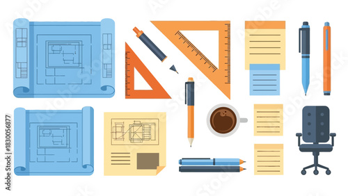 Architectural workspace essentials: blueprints, drafting tools, and office supplies in modern flat design