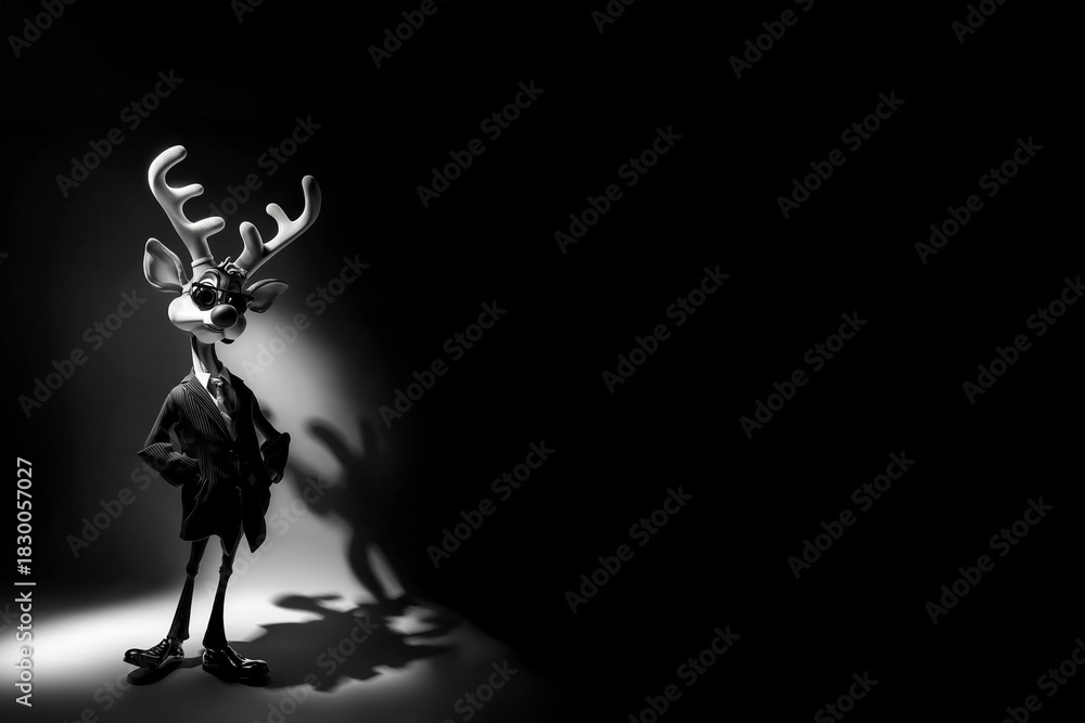 Naklejka premium Renne caricaturé du traîneau du Père Noël debout sous un faisceau de lumière sur fond noir avec large espace négatif copyspace folklore hivernal et traditions de Noël