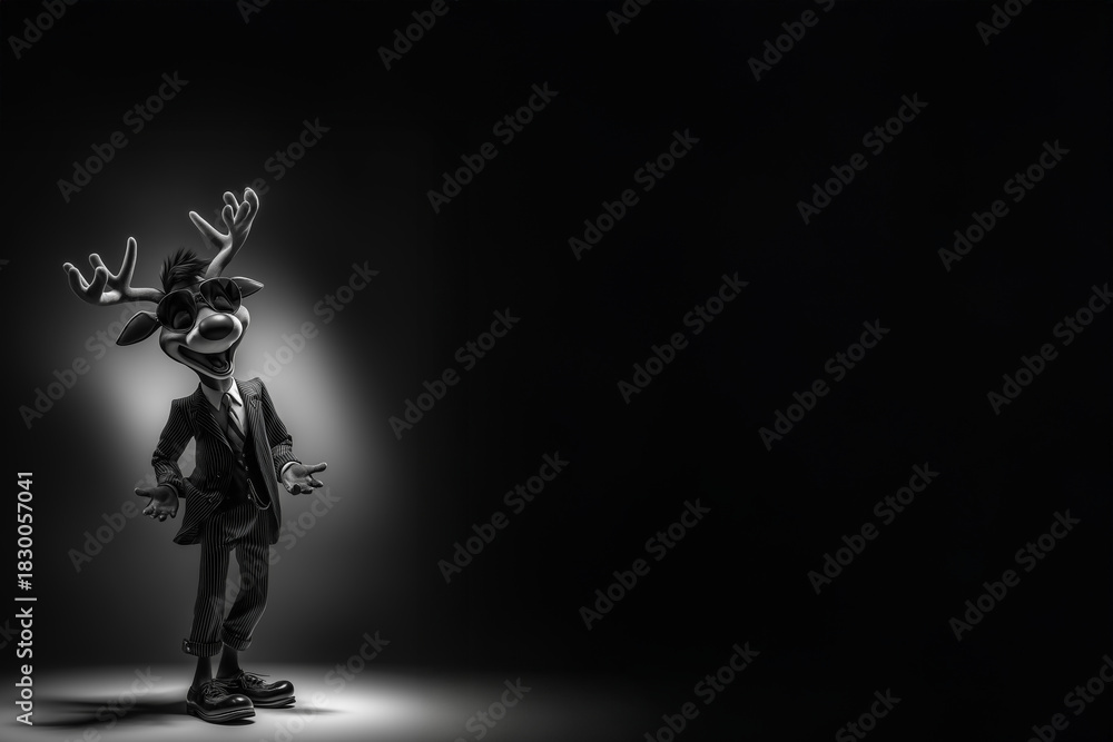 Fototapeta premium Renne caricaturé du traîneau du Père Noël debout sous un faisceau de lumière sur fond noir avec large espace négatif copyspace folklore hivernal et traditions de Noël