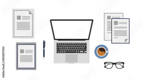 Flat design workspace with laptop, documents, coffee, and glasses