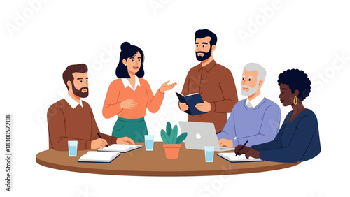 Professional office meeting with diverse team members collaborating in modern workspace