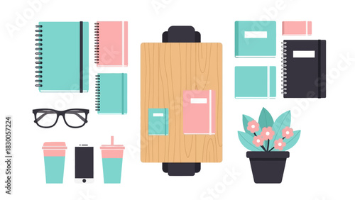 Flat design office essentials with notebooks, gadgets, and decor elements