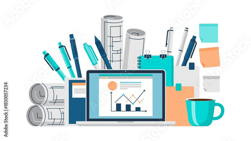 Office workspace with laptop and stationery elements in a flat design