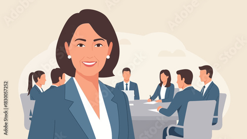 Businesswoman leading meeting in corporate setting with diverse team