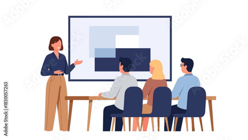 Team presentation in modern office setting with professional attendees and presenter