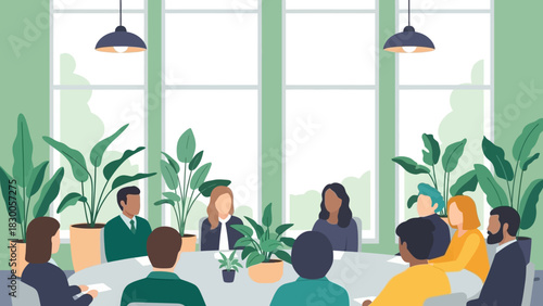 Diverse team meeting in modern green office with plants and natural light