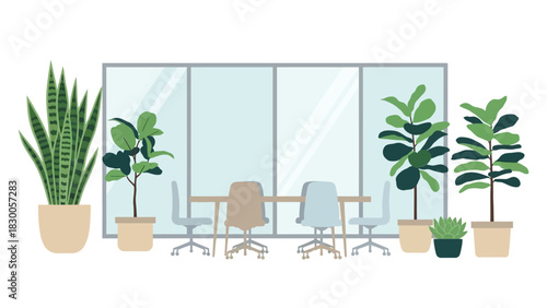 Modern office space with minimalist decor and indoor plants