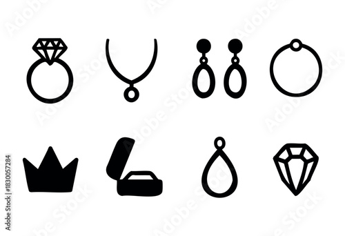 Simple jewelry and luxury icons — ring, necklace, and diamond — stock vector.