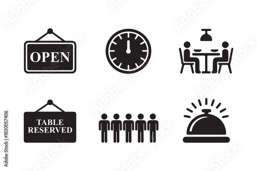 Restaurant service icons showing open sign table reservation clock and waiting people