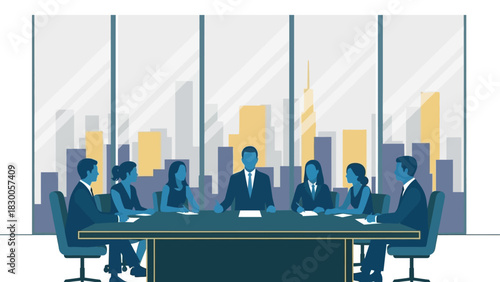 Corporate meeting in modern office setting with city skyline view