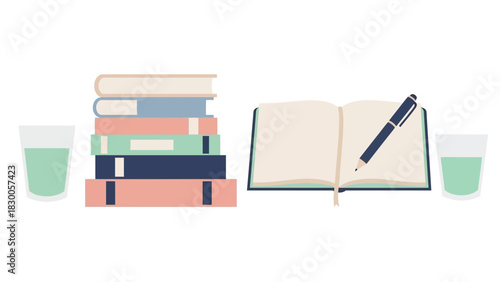 Minimalist study scene with books, open notebook, pen, and glasses of water