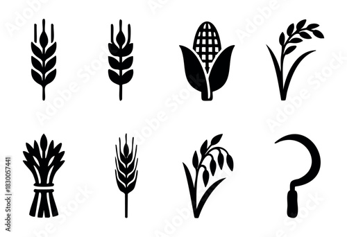 Minimalist agriculture and crop icons — wheat, corn, and sickle — stock vector.