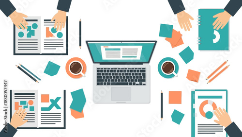 Collaborative workspace with laptops and documents in flat design