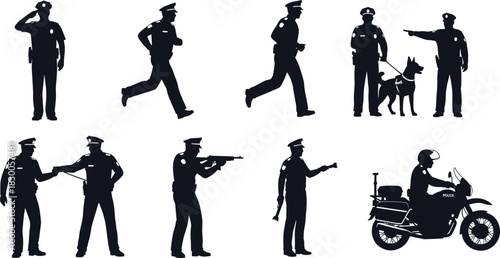 Police officer silhouette set, tactical and patrol poses, law enforcement icons, action vector bundle, graphic design collection