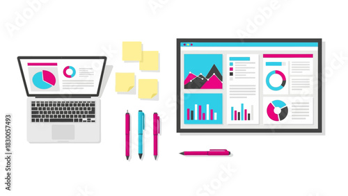 Flat design workspace with laptop, analytics dashboard, and office supplies