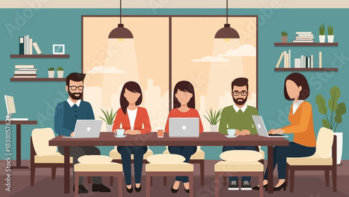 Team collaboration in modern office with laptops and diverse professionals