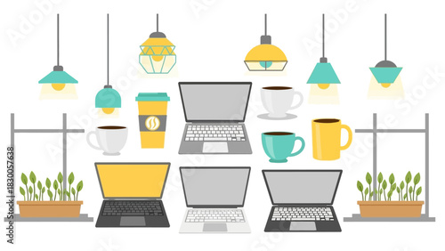 Cozy workspace with laptops, coffee cups, and hanging lamps in a flat design