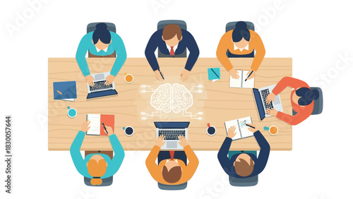 Collaborative team meeting around a table with technology focus