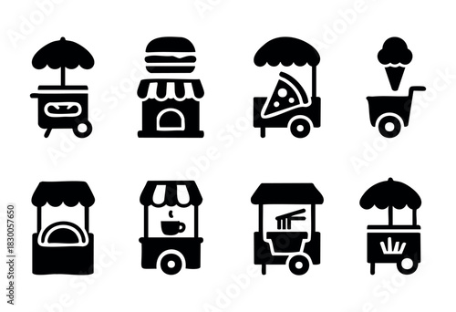 Simple street food and fast food icons — burger, pizza, and ice cream — stock vector.