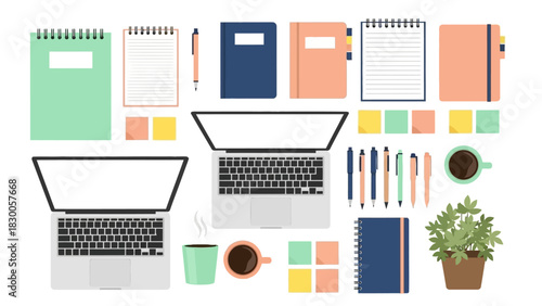 Modern office supplies with laptops and notebooks in flat design