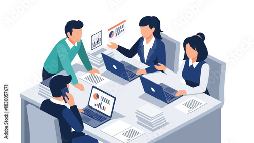 Collaborative office meeting with team discussing data and analyzing charts