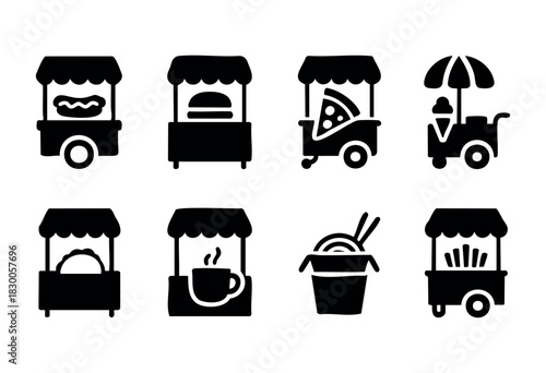 Simple street food and fast food icons — burger, pizza, and ice cream — stock vector.