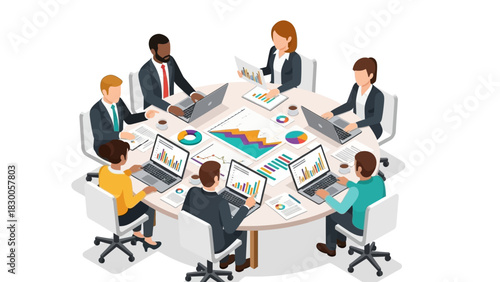 Diverse business team in isometric meeting with laptops and charts at round table