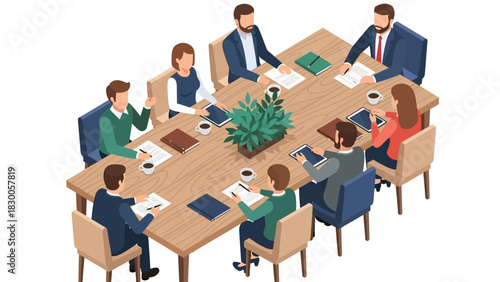 Business meeting with diverse team in isometric office setting