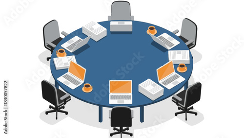 Collaborative office meeting with laptops on a round table in isometric style