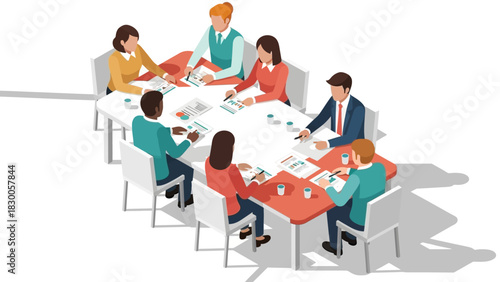 Team meeting collaboration in isometric style office setting