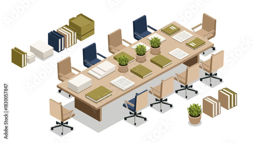Modern office meeting room with plants and office supplies in isometric style