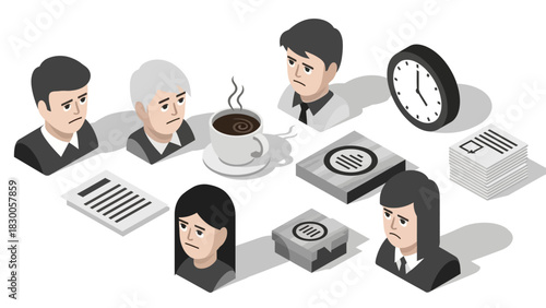 Isometric illustration of office workers in a stressful meeting scene with coffee and documents