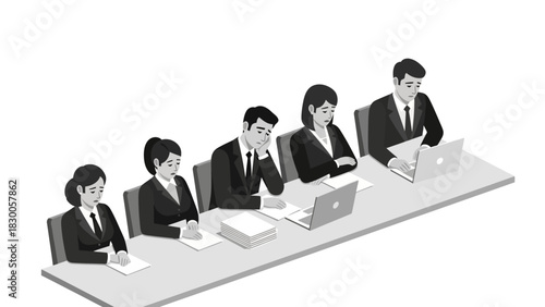 Monochrome office team at work meeting table with laptops and documents