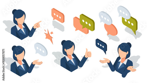 Isometric business woman with speech bubbles for communication and presentation design