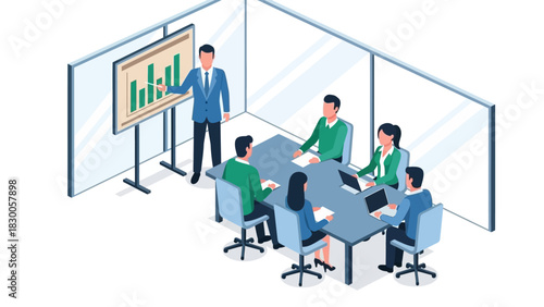Team presentation in modern office setting with graphs and laptops