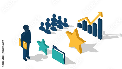 Business growth isometric design with team, graph, stars, and file elements