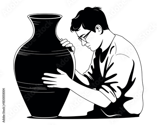 A person with glasses carefully inspects a large, dark vase with a curved shape and horizontal stripes.