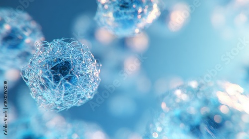 Detailed view of blue microorganisms under a microscope at a lab setting