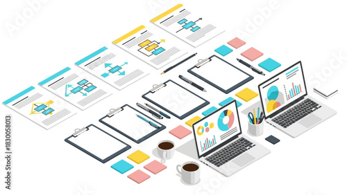Isometric workflow space with laptops, charts, and stationery items