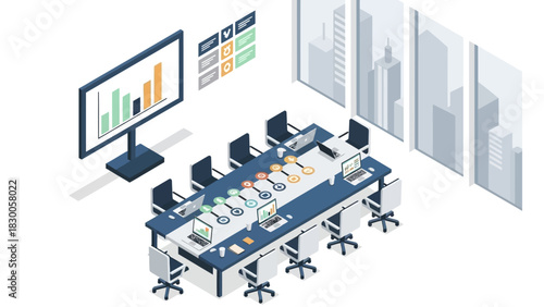 Isometric modern office with digital marketing presentation in conference room