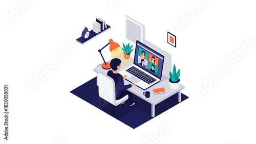 Isometric home office video conference with colleagues on laptop