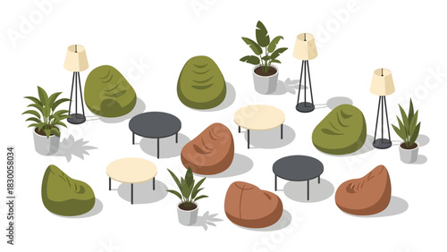 Modern isometric lounge area with bean bags, tables, and plants