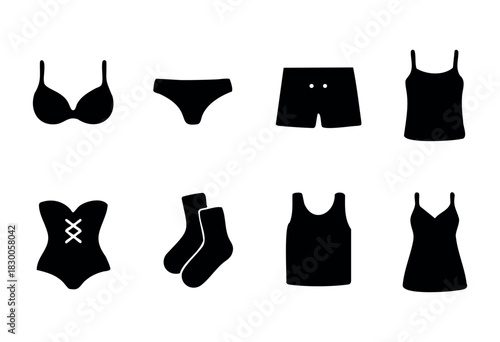 Minimalist lingerie and underwear icons — bra, panties, and tank top — stock vector.