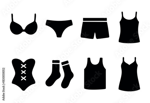 Minimalist lingerie and underwear icons — bra, panties, and tank top — stock vector.